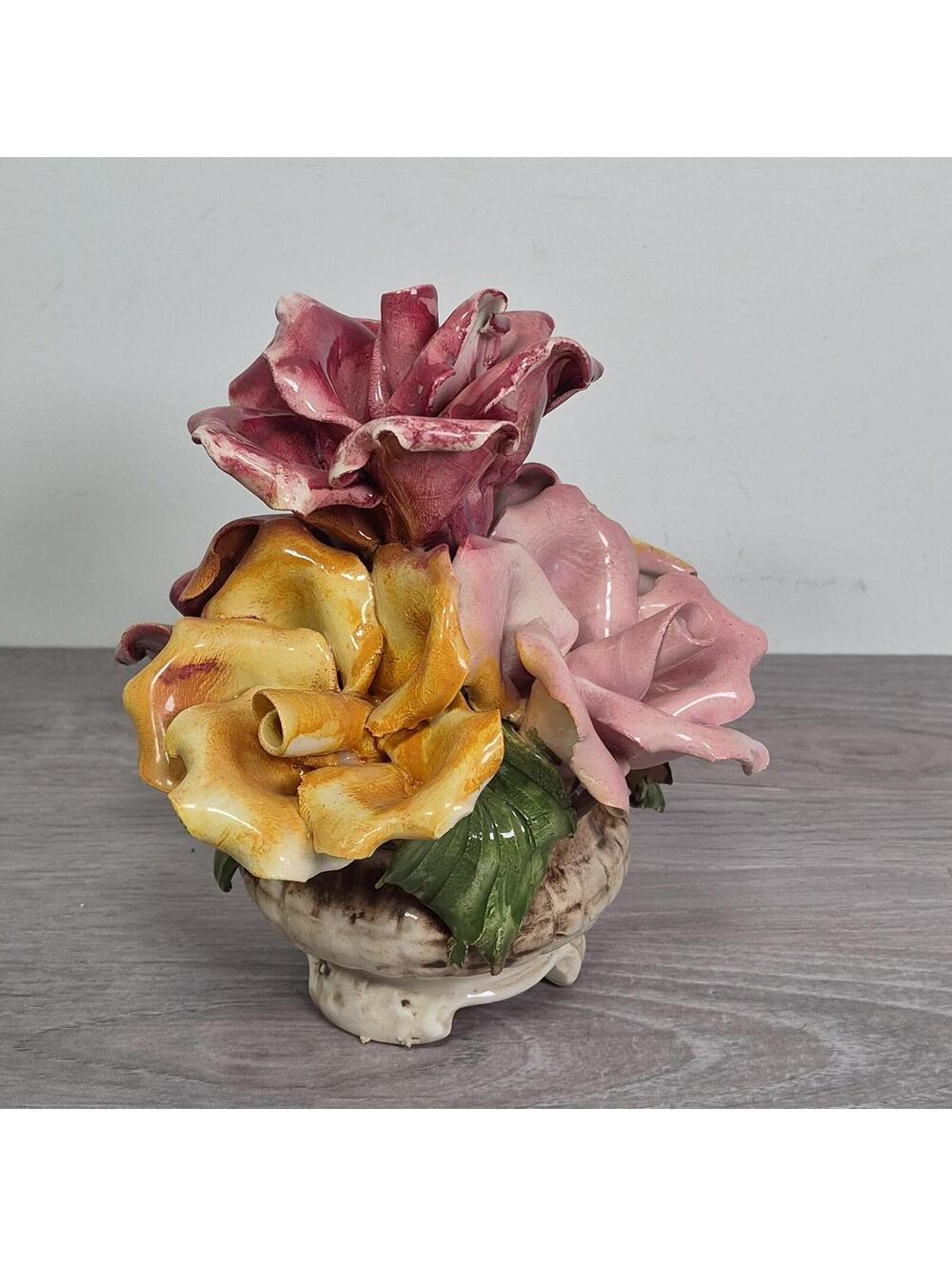 Capodimonte Porcelain Pink Orange Yellow Rose Bouquet Centerpiece